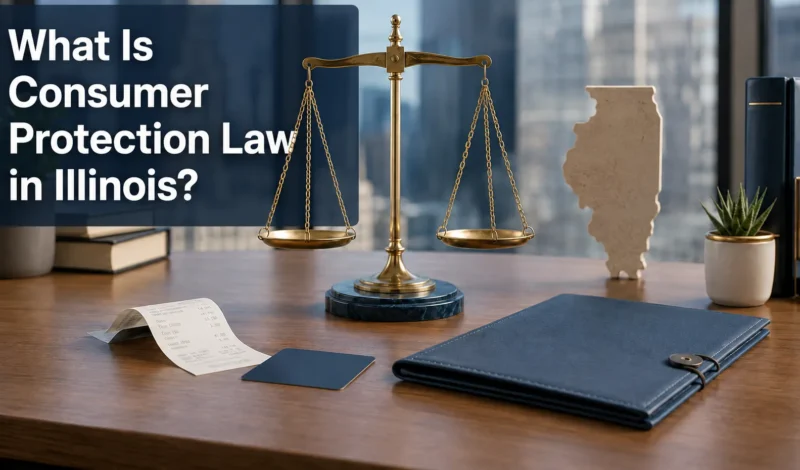 Scales of justice beside an Illinois map with the text “What Is Consumer Protection Law in Illinois?