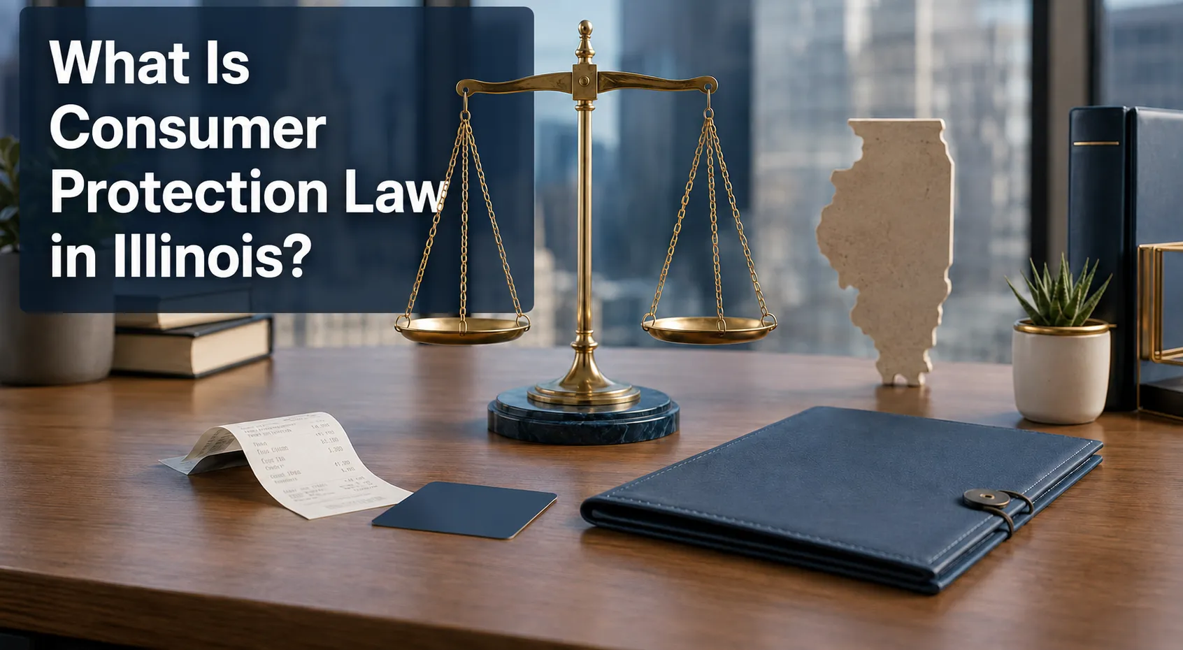 Scales of justice beside an Illinois map with the text “What Is Consumer Protection Law in Illinois?