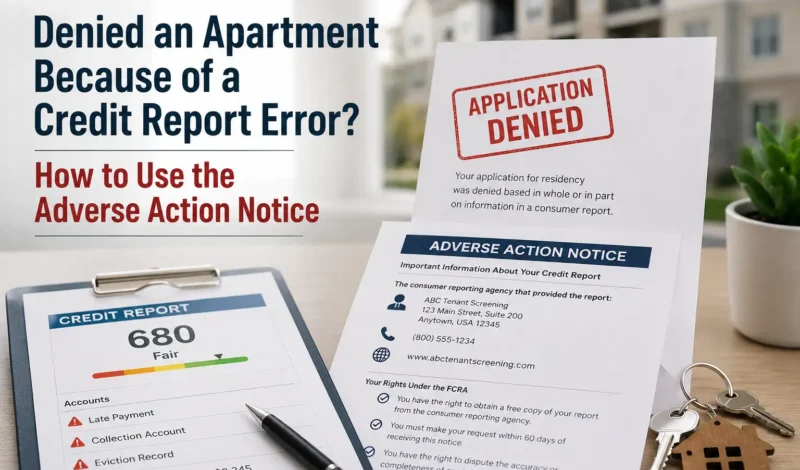 Adverse action notice and credit report showing an apartment application denial caused by potentially inaccurate consumer report information.
