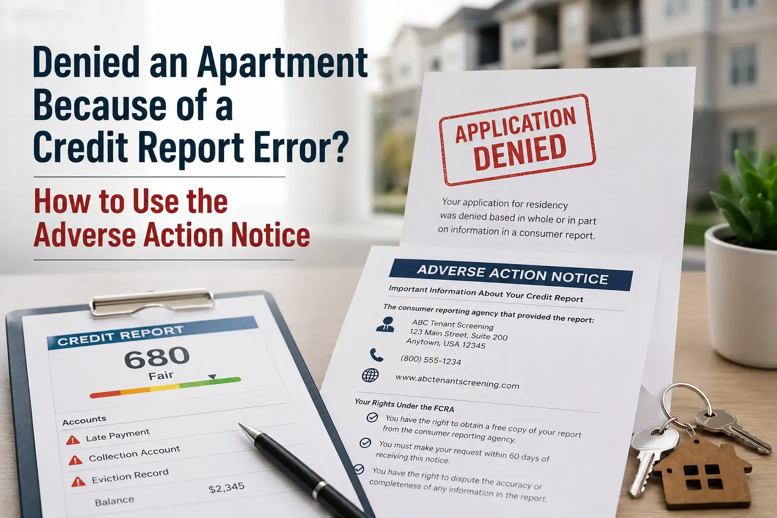 Adverse action notice and credit report showing an apartment application denial caused by potentially inaccurate consumer report information.