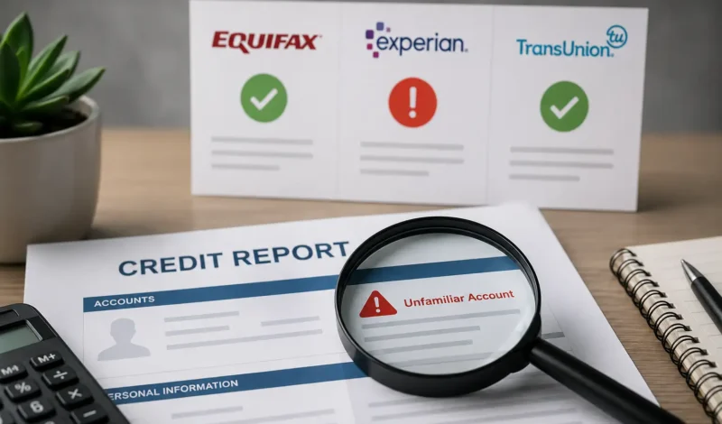 Credit report showing an unfamiliar account with one credit bureau while the other bureau reports appear correct.