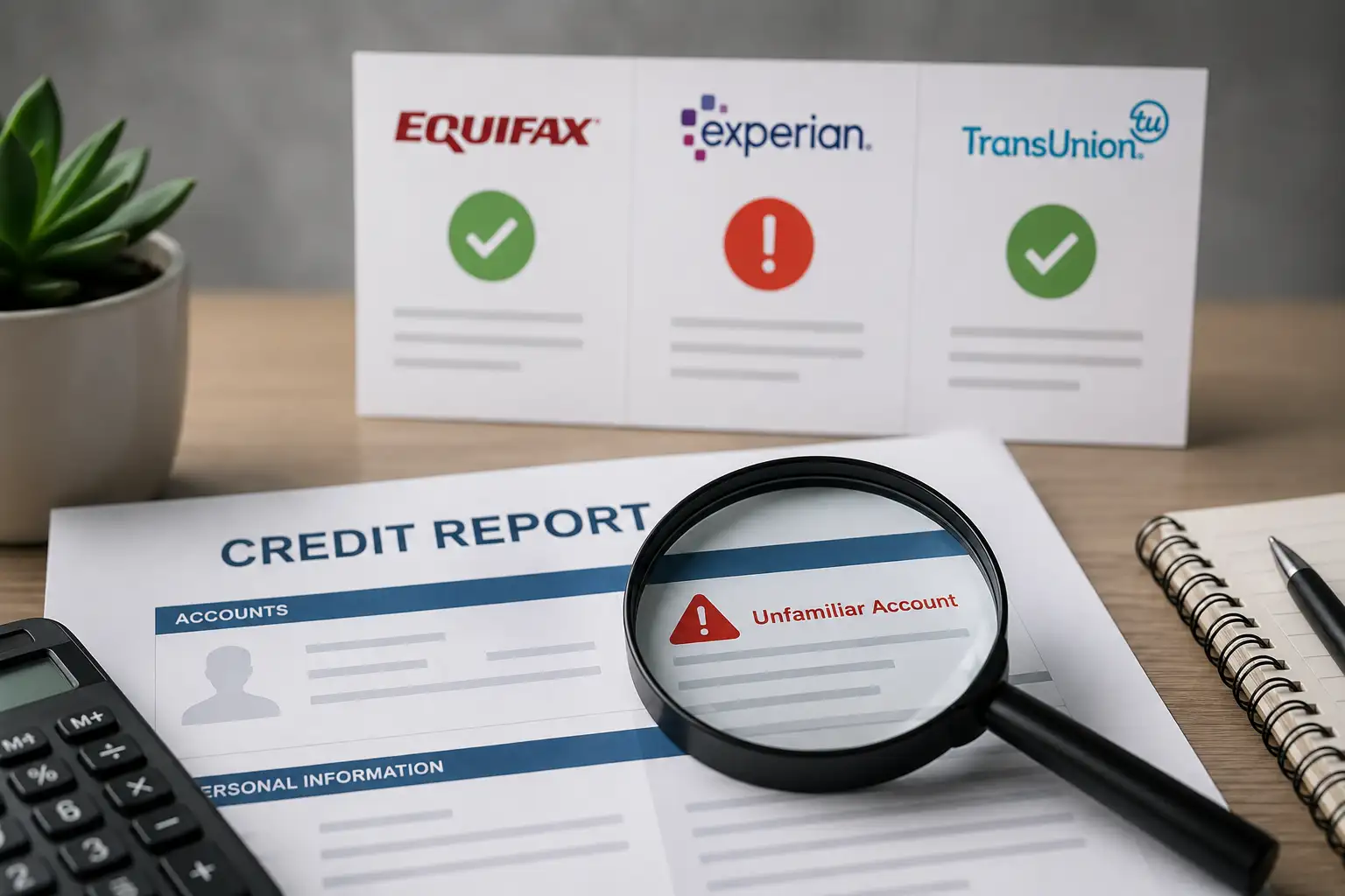 Credit report showing an unfamiliar account with one credit bureau while the other bureau reports appear correct.