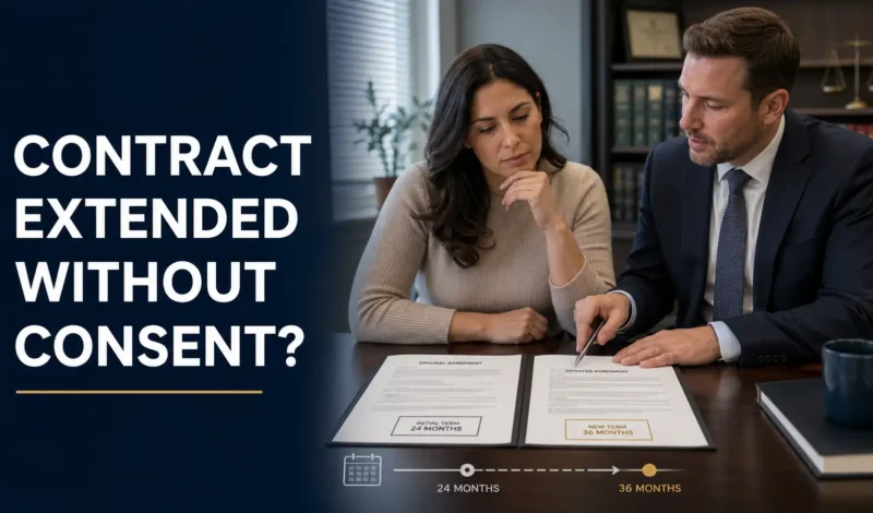 Consumer reviewing a debt relief contract extension with an attorney after the agreement was extended without clear consent.