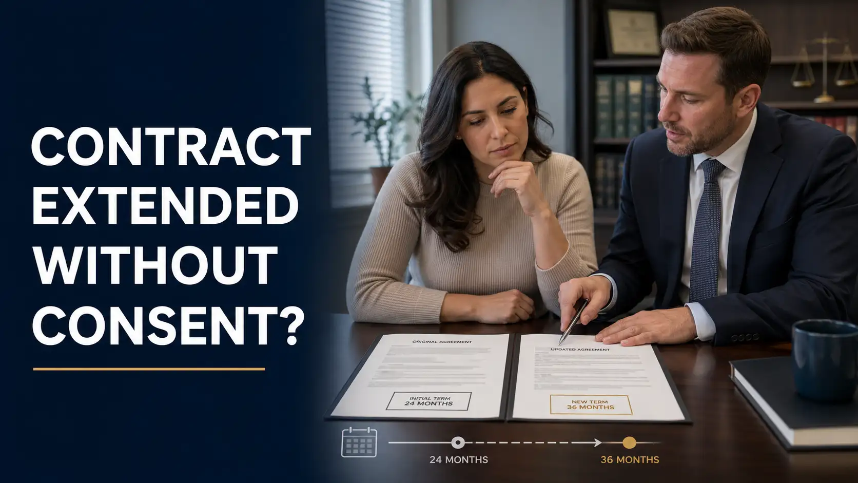 Consumer reviewing a debt relief contract extension with an attorney after the agreement was extended without clear consent.