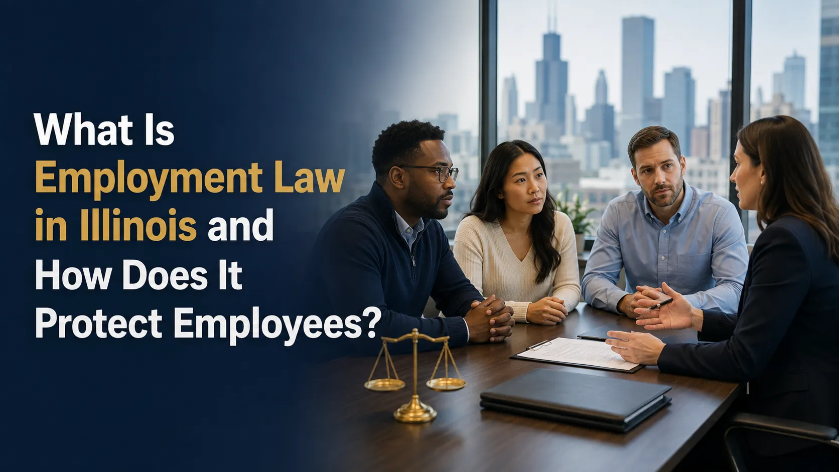 Employees meeting with an attorney to discuss employment law and workplace protections in Illinois.