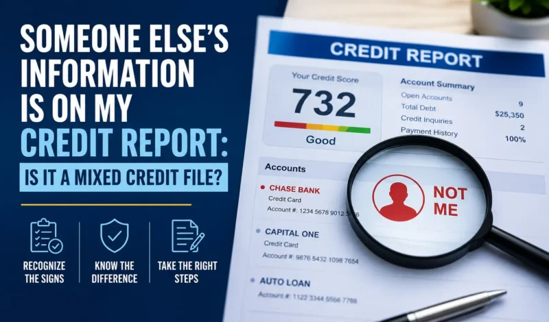 Someone reviewing a credit report showing unfamiliar account information that may indicate a mixed credit file.
