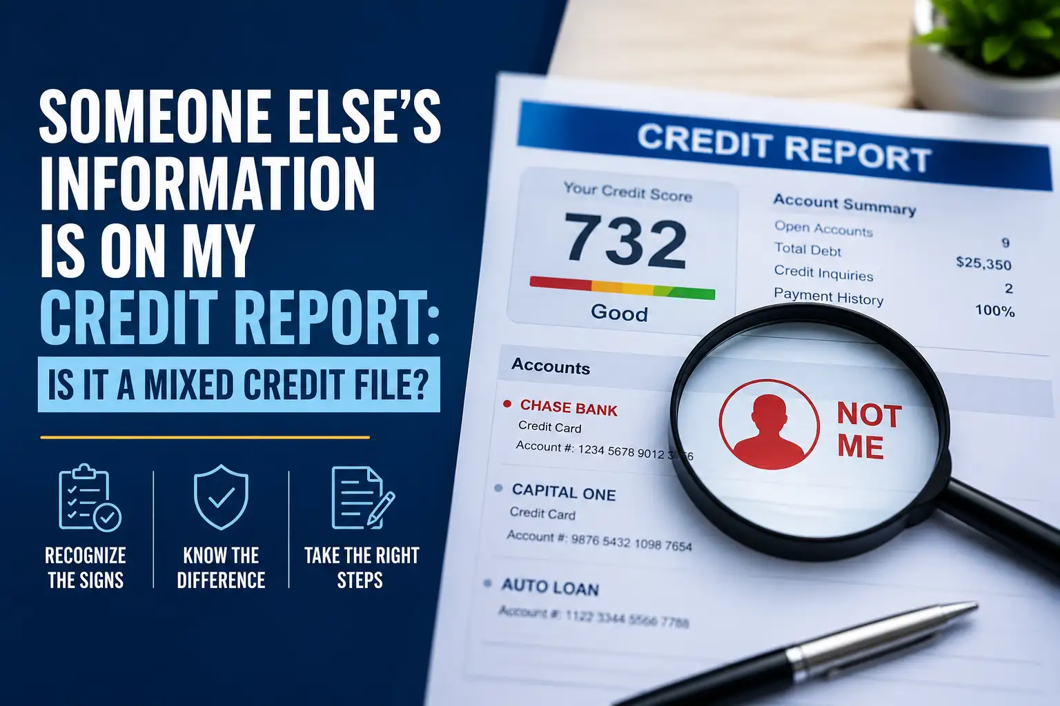 Someone reviewing a credit report showing unfamiliar account information that may indicate a mixed credit file.