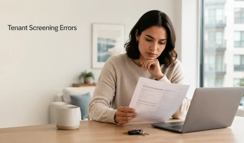 Renter reviewing a tenant screening report beside a laptop and apartment keys.