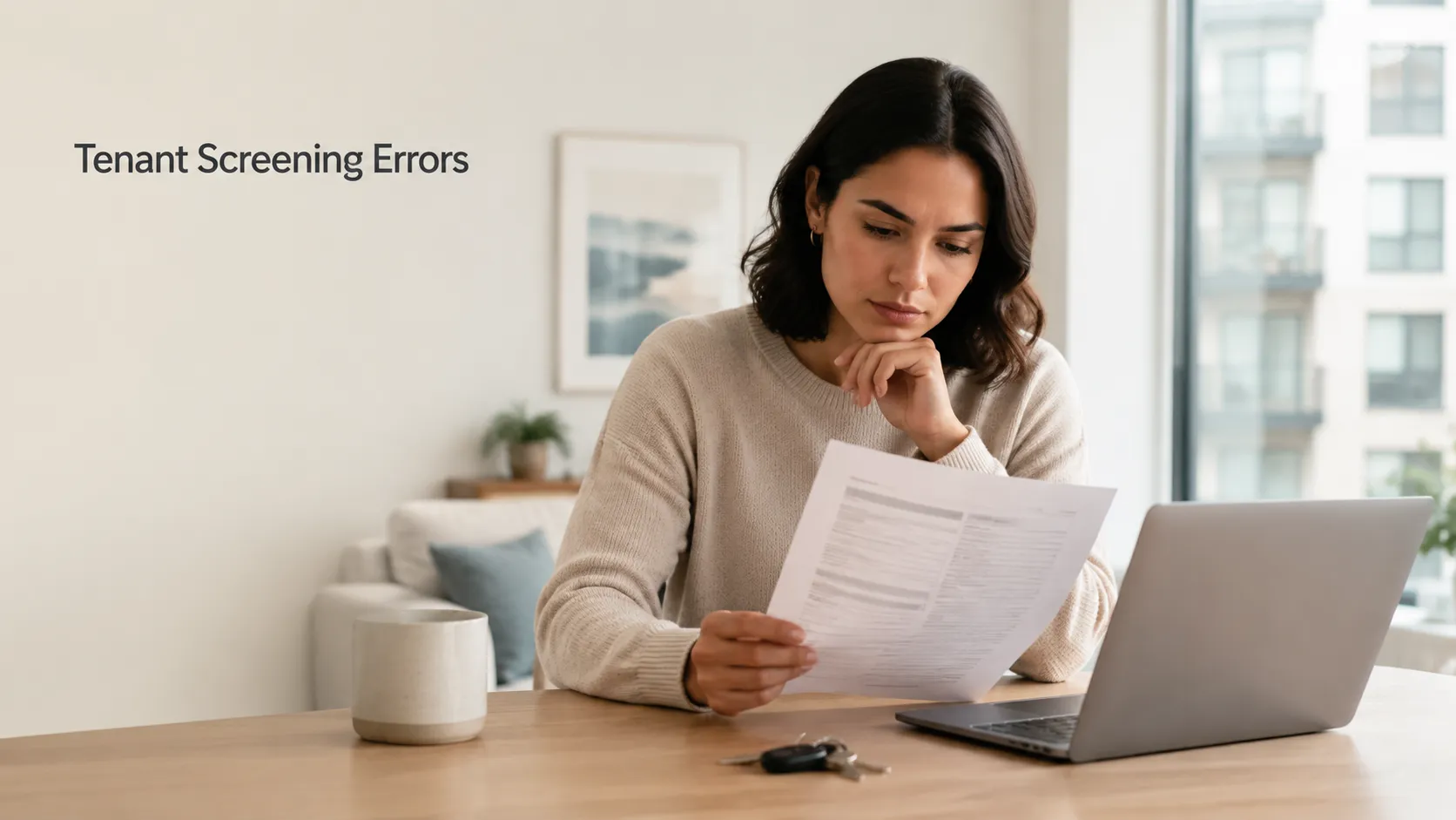 Renter reviewing a tenant screening report beside a laptop and apartment keys.