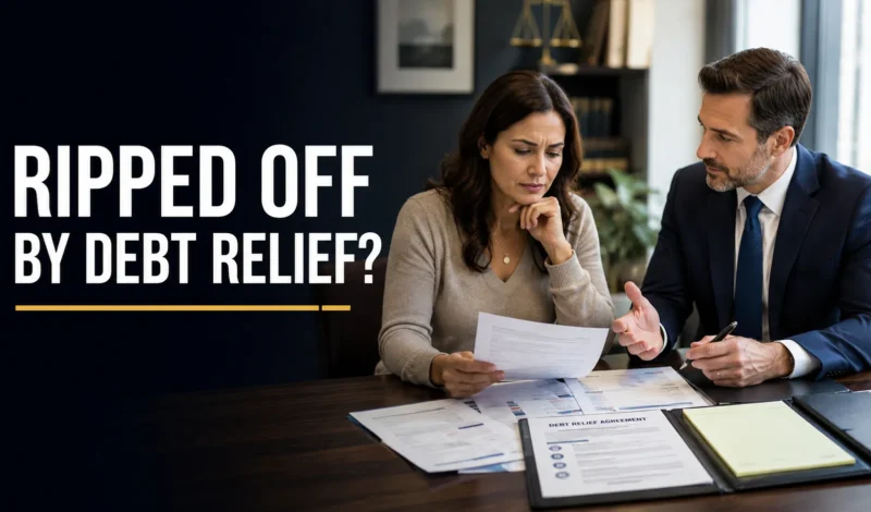 Consumer reviewing a debt relief agreement with an attorney after being ripped off by a debt relief company.
