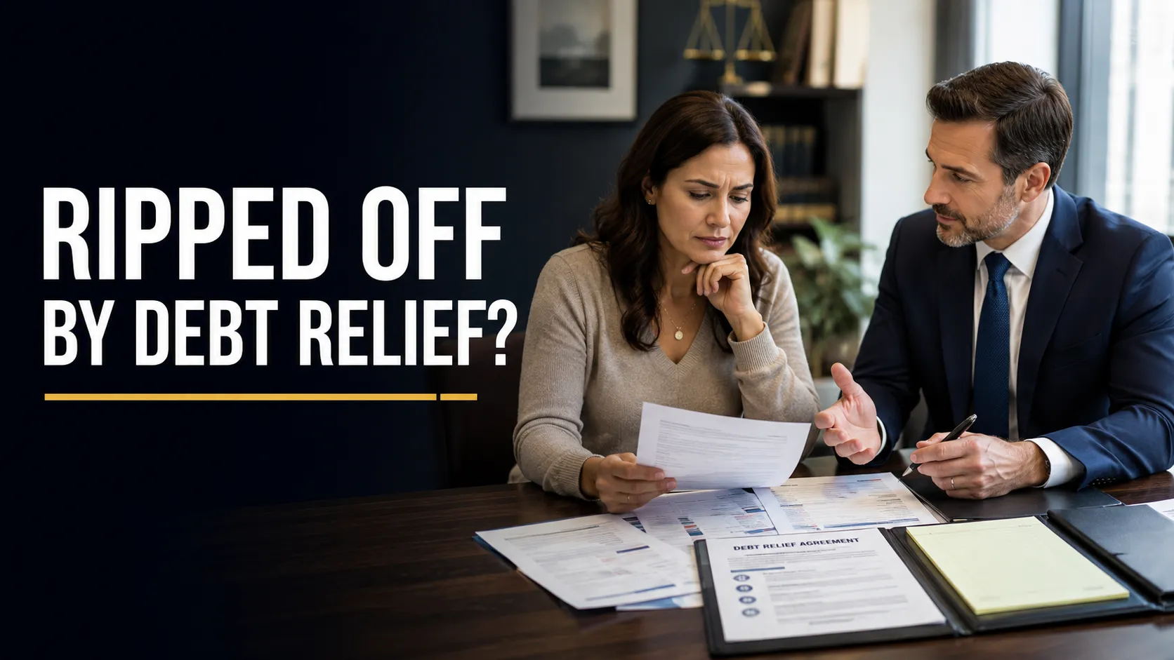Consumer reviewing a debt relief agreement with an attorney after being ripped off by a debt relief company.